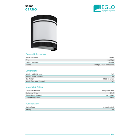 Настенный светильник Eglo Cerno 99565, IP44, 1xE27x40W - миниатюра 2