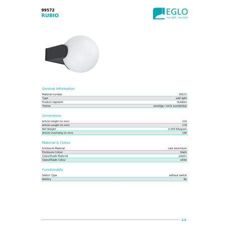 Настенный светильник Eglo Rubio 99572, IP44, 1xE27x15W - миниатюра 3