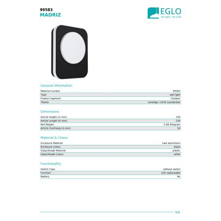 Настенный светодиодный светильник Eglo Madriz 99583, IP44, LED 9W 3000K 993lm - миниатюра 3