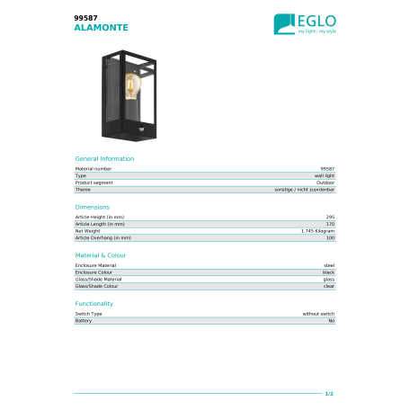 Настенный светильник Eglo Alamonte 99587, IP44, 1xE27x60W - миниатюра 3