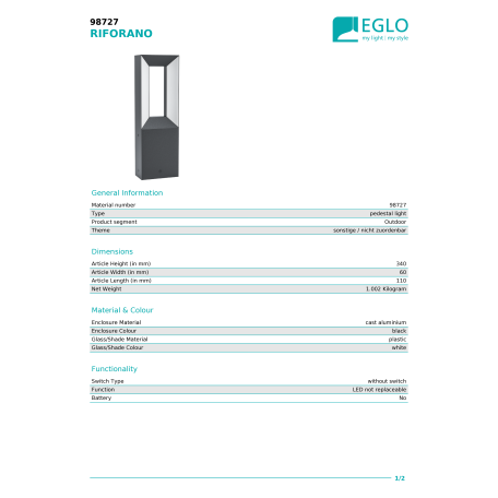 Садово-парковый светодиодный светильник Eglo Riforano 98727, IP44, LED 10W 3000K 1100lm - миниатюра 3