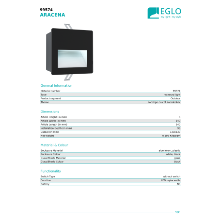 Встраиваемый настенный светодиодный светильник Eglo Aracena 99574, IP65, LED 3,7W 4000K 400lm - миниатюра 4