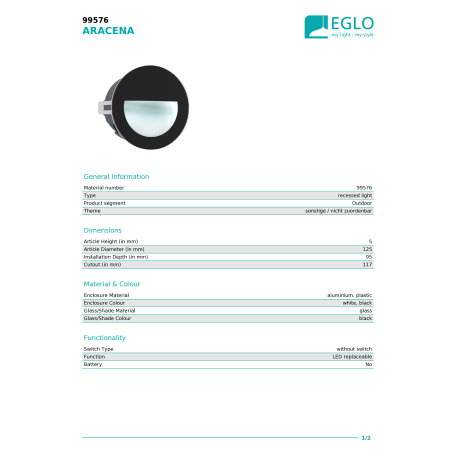 Встраиваемый светодиодный светильник Eglo Aracena 99576, IP65, LED 2,5W 4000K 320lm - миниатюра 3