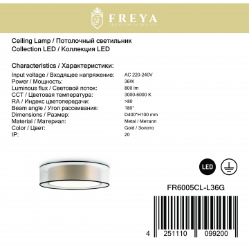 Светодиодный светильник с пультом ДУ Freya Zoticus FR6005CL-L36G, LED 36W 3000-6000K 800lm CRI80, пластик - миниатюра 4