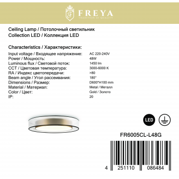 Светодиодный светильник с пультом ДУ Freya Zoticus FR6005CL-L48G, LED 48W 3000-6000K 1450lm CRI80, пластик - миниатюра 4