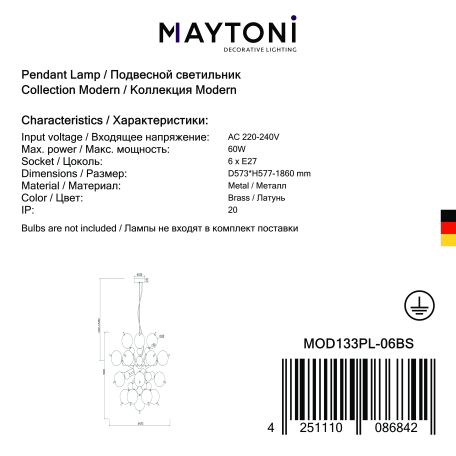 Светильник Maytoni Bolla MOD133PL-06BS, 6xE27x60W - миниатюра 6
