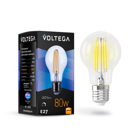 Филаментная светодиодная лампа Voltega Crystal 5489 груша E27 8W, 2800K (теплый) CRI80 220V, диммируемая, гарантия 3 года