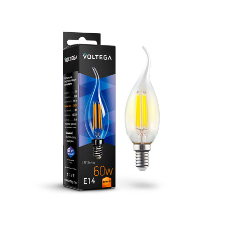 Филаментная светодиодная лампа Voltega Crystal 7017 свеча на ветру E14 6W, 2800K (теплый) CRI80 220V, гарантия 3 года