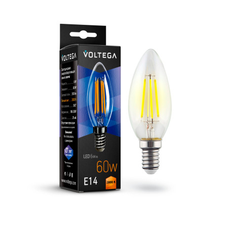 Филаментная светодиодная лампа Voltega Crystal 7019 свеча E14 6W, 2800K (теплый) CRI80 220V, гарантия 3 года