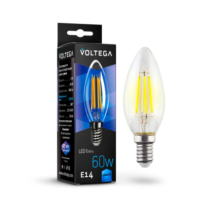 Филаментная светодиодная лампа Voltega Crystal 7020 свеча E14 6W, 4000K CRI80 220V, гарантия 3 года