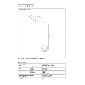 Светодиодный торшер Lucide Bergamo 12719/06/31, LED 6W, 3000K (теплый), белый, металл, стекло - миниатюра 2