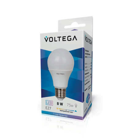 Светодиодная лампа Voltega Simple 5754 груша E27 8W, 4000K 220-240V, гарантия 2 года