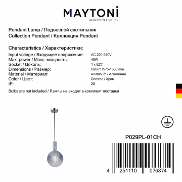 Подвесной светильник Maytoni Milagro P029PL-01CH, 1xE27x40W - миниатюра 2