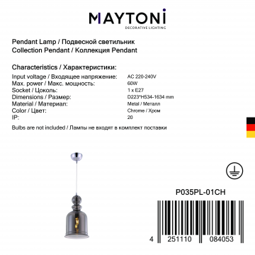 Подвесной светильник Maytoni Tone P035PL-01CH, 1xE27x60W - миниатюра 2