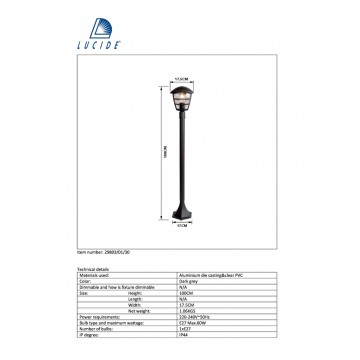 Садово-парковый светильник Lucide Istro 29803/01/30, IP44, черный, прозрачный, металл, пластик - миниатюра 2