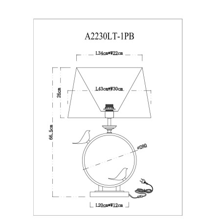 Схема с размерами Arte Lamp A2230LT-1PB