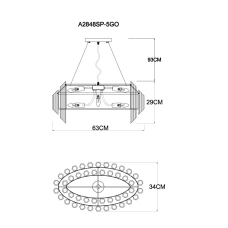Схема с размерами Arte Lamp A2848SP-5GO