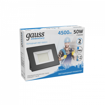 Светодиодный прожектор Gauss Elementary 613100350, IP65, LED 50W 6500K 3500lm CRI>75, черный, металл, металл со стеклом - миниатюра 4