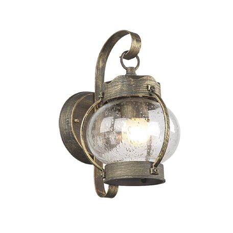 Настенный фонарь Favourite Faro 1498-1W, IP44, 1xE27x60W, коричневый с золотой патиной, прозрачный, металл, ковка, металл со стеклом