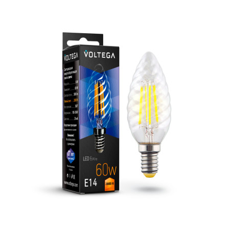 Филаментная светодиодная лампа Voltega Crystal 7027 витая свеча E14 6W, 2800K (теплый) CRI80 220V, гарантия 3 года