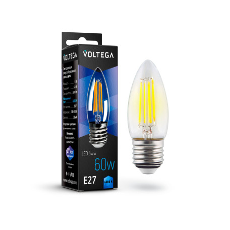 Филаментная светодиодная лампа Voltega Crystal 7029 свеча E27 6W, 4000K CRI80 220V, гарантия 3 года - миниатюра 2