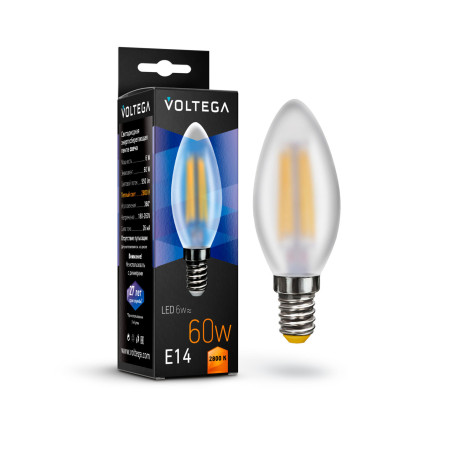 Филаментная светодиодная лампа Voltega Crystal 7044 свеча E14 6W, 2800K (теплый) CRI80 220V, гарантия 3 года