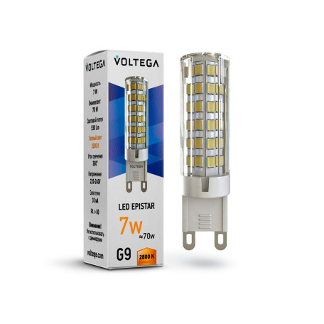 Светодиодная лампа Voltega Simple 7036 капсульная G9 7W, 2800K (теплый) CRI80 220V, гарантия 2 года