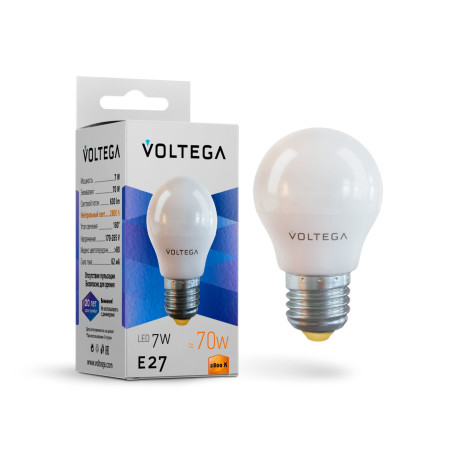 Светодиодная лампа Voltega Simple 7052 шар малый E27 7W, 2800K (теплый) CRI80 220V, гарантия 2 года