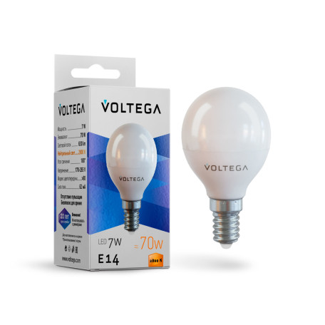 Светодиодная лампа Voltega Simple 7054 шар малый E14 7W, 2800K (теплый) CRI80 220V, гарантия 2 года - миниатюра 2