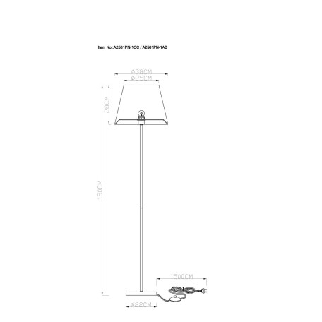 Схема с размерами Arte Lamp A2581PN-1CC