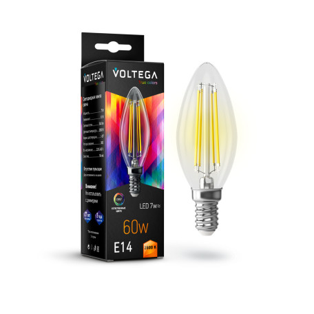 Филаментная светодиодная лампа Voltega VG10-C35E14warm7W-FHR 7152 свеча E14 7W, 2800K (теплый) CRI97 220-240V, гарантия 3 года