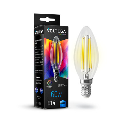 Филаментная светодиодная лампа Voltega VG10-C35E14cold7W-FHR 7153 свеча E14 7W, 4000K CRI97 220-240V, гарантия 3 года